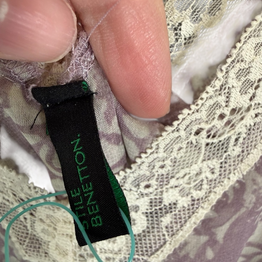 Benetton Babydoll Dress Purple Floral Y2K Coquette Knee Length Sheer Lace M - Picture 7 of 7